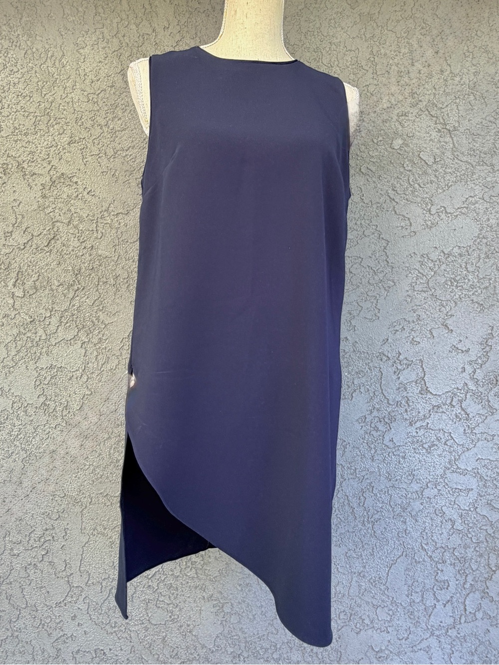 WHBM Lillian Tunic Top Asymmetrical Slit Sleeveless Navy Blue Size 6
